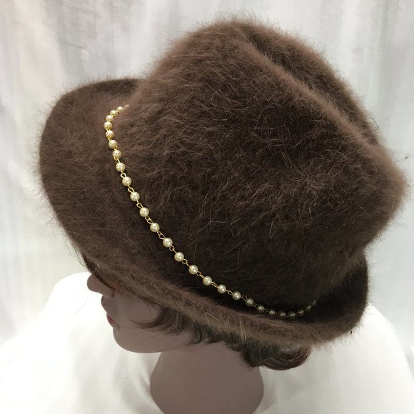 Brown Angora Fedora with Pearl Chain main image 5